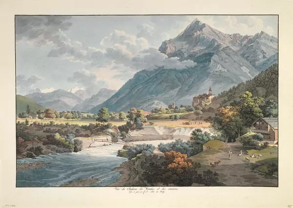 Johann Ludwig Aberli — Vue du Chateau de Wimmis et des environs/ dessiné et gravé par J. L. Aberli avec Privilège — Galerie Kornfeld