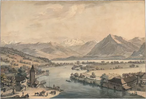 Johann Ludwig Aberli — Blick auf Thun, die Aare, auf die Schadau und die Alpen — Galerie Kornfeld
