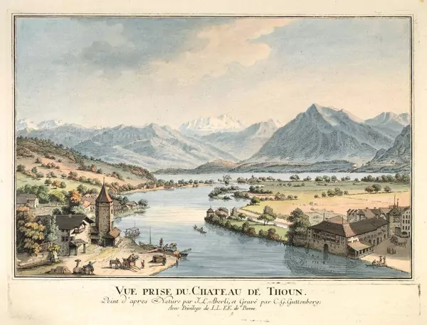 Johann Ludwig Aberli — Vue prise du Chateau de Thoun/Peint d’après Nature par J. L. Aberli et Gravé par C. G. Guttenberg/Avec Privilège de L. L. E. F. de Berne — Galerie Kornfeld