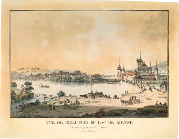 Johann Ludwig Aberli — Vue de Nidau près du Lac de Bienne/dessiné et gravé par J. L. Aberli/avec Privilège — Galerie Kornfeld