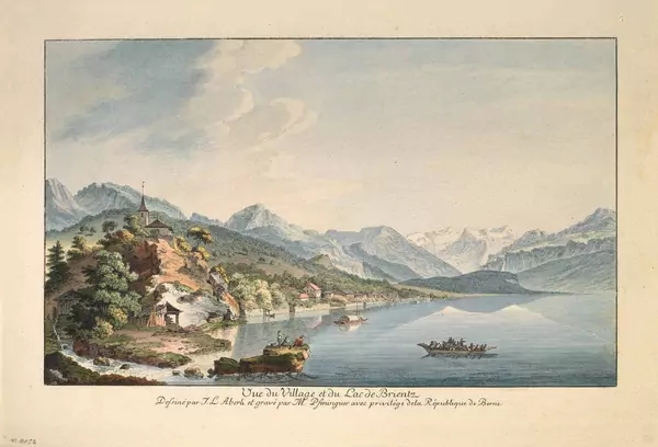 Johann Ludwig Aberli — Vue du Village et du Lac de Brientz/Dessiné par J. L. Aberli et gravé par M. Pfenninguer avec Privilège de la Répu­blique de Berne — Galerie Kornfeld