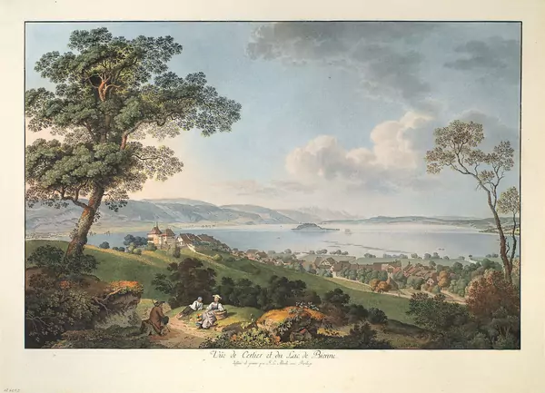Johann Ludwig Aberli — Vue de Cerlier (Erlach) et du Lac de Bienne/ dessiné et gravé par J. L. Aberli avec Privilège — Galerie Kornfeld