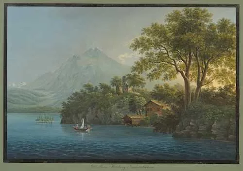 Johann Ludwig Bleuler — Die Ruine Habsburg am Vierwaldstättersee in der Abenddämmerung. Circa 1840.