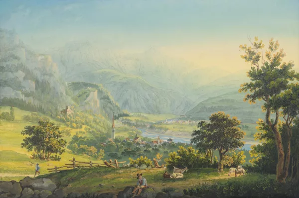 Johann Ludwig Bleuler — Environs de Tousis et vue vers le Piz Beverin." Gouache über Umrissradierung