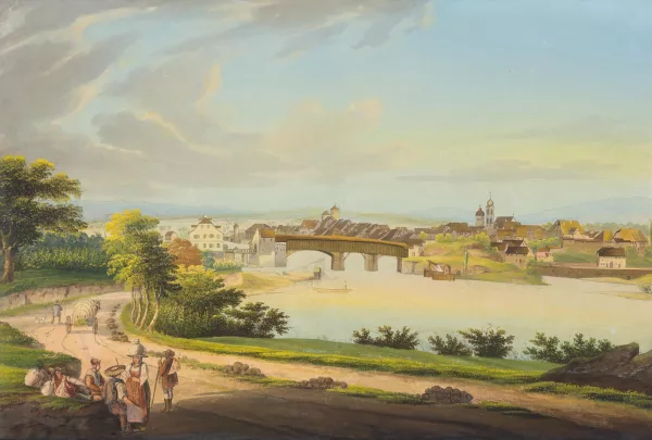 Johann Ludwig Bleuler — Vue de la Ville de Rheinfelden Canton d'Argovie." Gouache über Umrissradierung