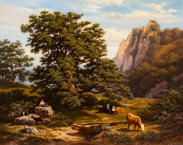 Landschaft mit Kuh und Bäumen