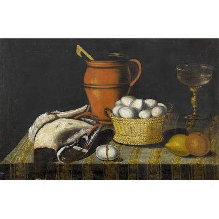 Küchenstillleben mit Ente, Eiern, Glas und Topf