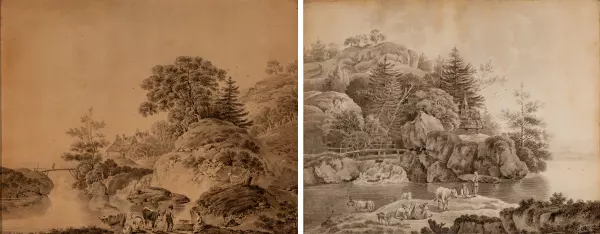 Paar Flusslandschaften mit Bauern und Vieh
