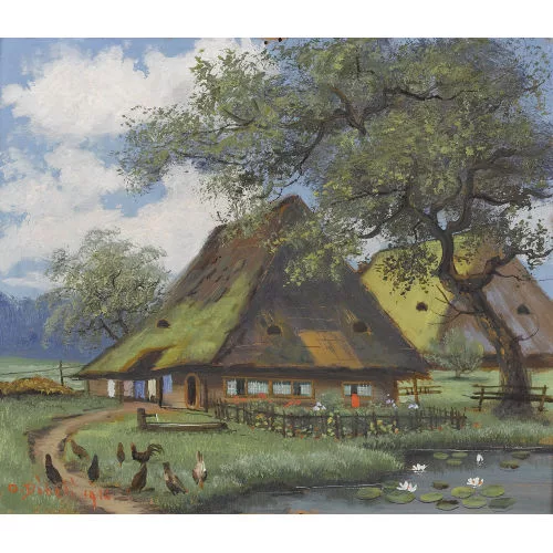 Johann OTHMAR DÖBELI — Aargauer Strohhäuser an einem Teich.