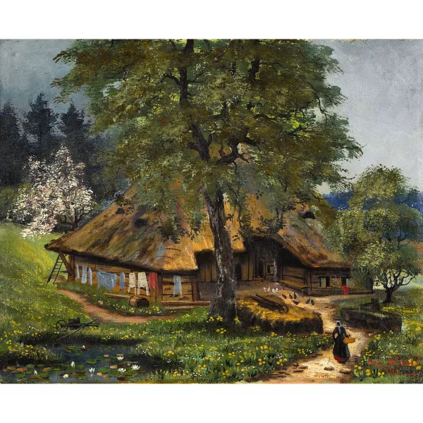 Johann OTHMAR DÖBELI — Aargauer Strohdachhaus mit Bäuerin.