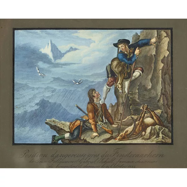 LAMY, JOHANN PETER & HESS, HIERONYMUS — "Position dangereuse près du Finsteraarhorn de Jean Fellmann et Gabriel Schilt, fameux chasseurs de bouquetins et chamois le 14 Octobre 1822".