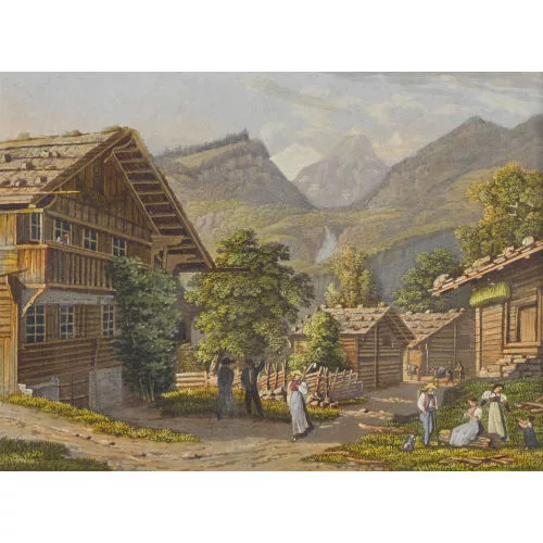 Johann Peter Lamy — "Vue prise à Meyringen contre la cascade du Reichenbach, et vers le Wetterhorn, Wellhorn, et Engelhorn. Canton de Berne".