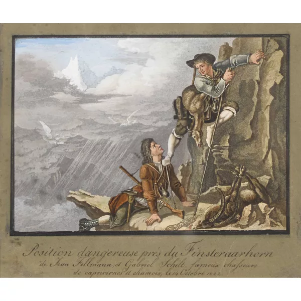 LAMY, JOHANN PETER & HESS, HIERONYMUS — "Position dangereuse près du Finsteraarhorn de Jean Fellmann et Gabriel Schilt, fameux chasseurs de capricornes et chamois, le 14 Octobre 1822".