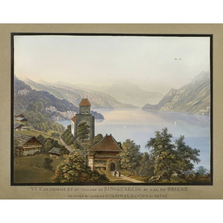 "Vue de l'Eglise et du Village de Ringgenberg au Lac de Brienz dessinée du Cote de Goldswyl, Canton de Berne"