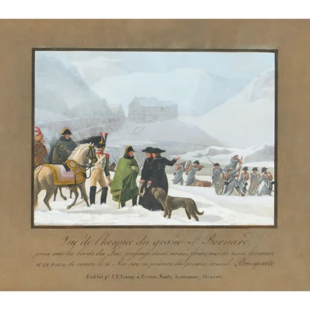 "Vue de l'hospice du grand St. Bernard, prise sur les bords du Lac, passage d'une armée française de 80.000 hommes et 58 pieces de canon, le 16 Mai 1800, en présence du premier consul Bonaparte"