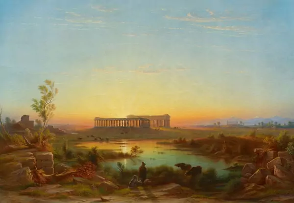 JOHANN RUDOLF BÜHLMANN — Blick in die italienische Campagna mit der Ruinenstätte Paestum bei Abendlicht. 1872. — Koller Auktionen