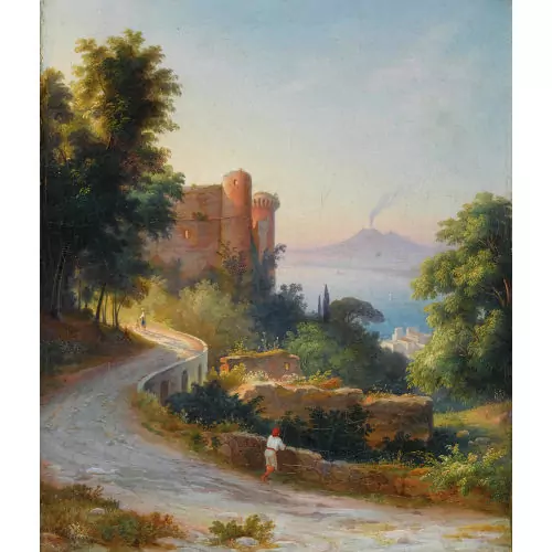 Die Burg von Castellammare di Stabia mit rauchendem Vesuv