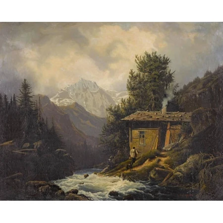 Gebirgsbach mit einer Hütte