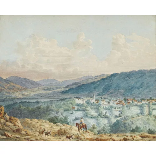 Johann Salomon Hegi — Südliche Landschaft mit Reiter und drei Packeseln.