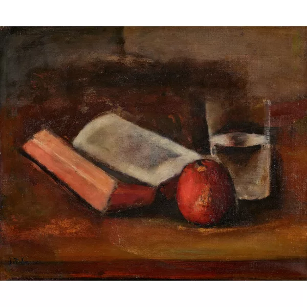 Johann von Tscharner — Stillleben mit Buch, Apfel und Wasserglas.