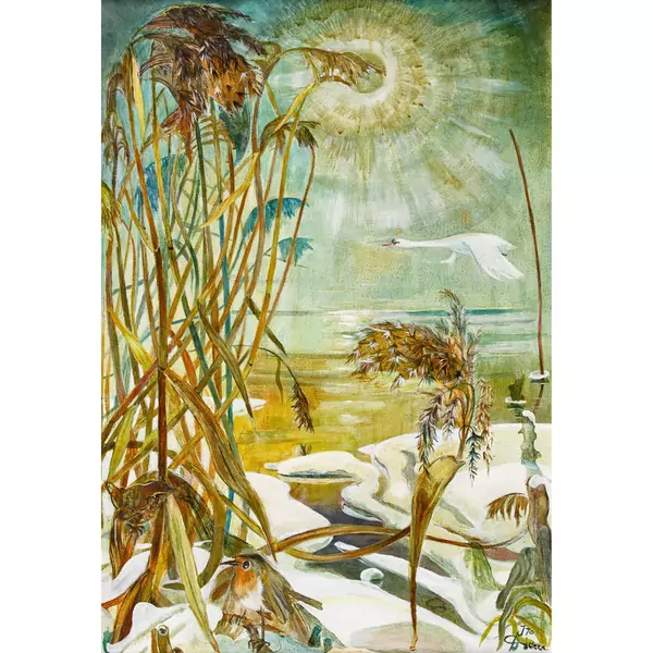 Winterliche Seeuferpartie mit fliegendem Schwan