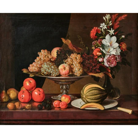 Herbstliches Stillleben mit Früchten und Blumenbouquet
