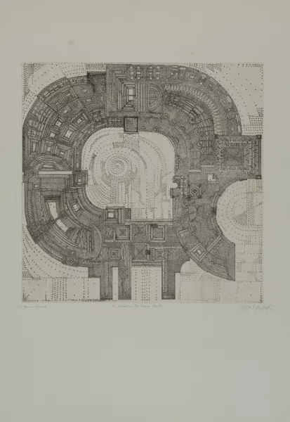 Johannes Gachnang — 4 Blätter: The Panopticum by Jeremy Bentham, 1964; L'imagination prend..., 1968; Projet; Ohne Titel