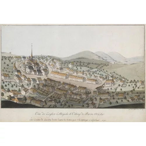Johannes Hofmeister — "Vue de l′eglise collegiale et village de Beron Müster au Canton de Lucerne desine dapres la Natüre par F Dörflinger Coadjuteur 1790".
