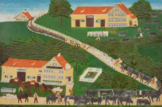 Johannes Langenegger — Alpaufzug mit Gasthaus zur Heimat, um 1900