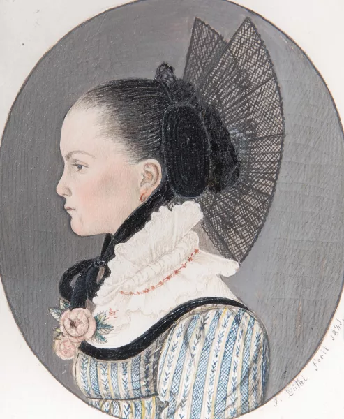 Johannes Lüthi — Portrait einer jungen Bäuerin mit Toggenburger Mädchenkopfputz