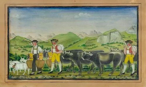MÜLLER, JOHANNES — Driving the cows to the mountain pastures, with Alpine herdsmen bearing bells at the head of the cow train. Ca. 1875. — Koller Auktionen