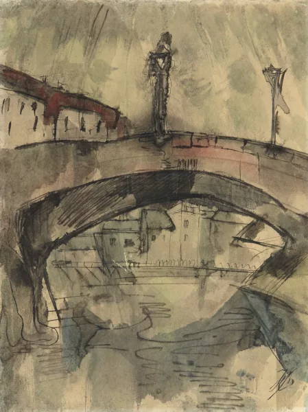 Johannes Robert Schürch — 2 Zeichnungen: Bäuerin; Spielmann auf Brücke, 1925