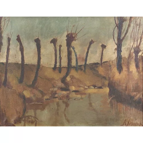 Johannes Robert Schürch — Flussuferlandschaft mit gestutzten Weiden.