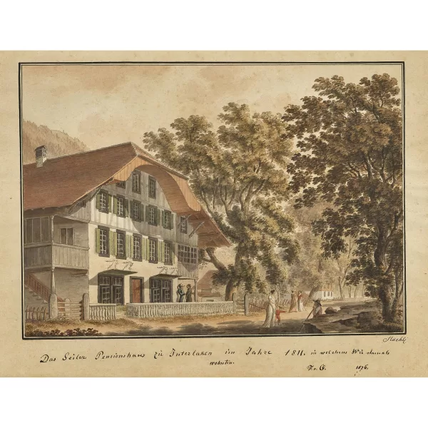 Johannes Stähli — "Das Seiler Pensionshaus zu Interlaken im Jahre 1811, in welchem wir damals wohnten. F.v.O. (Philibert Friedrich von Ougspurger, 1796-1880) 1876".