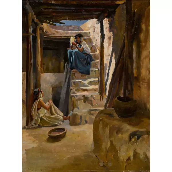 Innenhof in Algier mit jungen Frauen im Gespräch