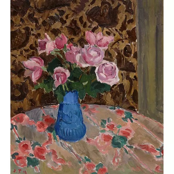 "Bouquet roses dans vase bleu"