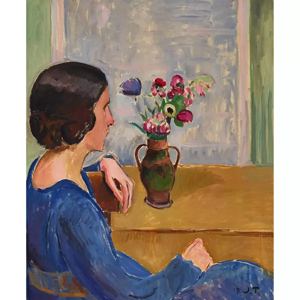 "Maman profil en bleu et bouquet anemones"