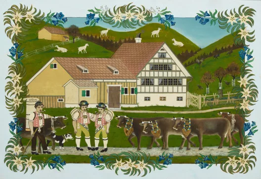 Josef Anton Moser — Alpabfahrt vor Appenzeller Bauernhaus
