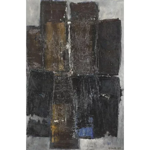 Josef Staub — Abstrakte Komposition in Gelb und Blau vor grauem Grund.