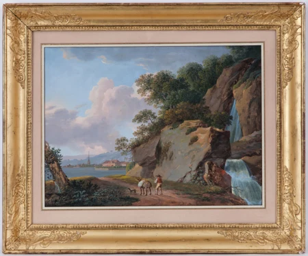 Paysage lacustre animé avec cascade
