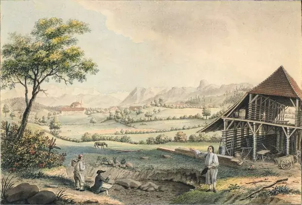 Joseph de Landerset — Blick auf Stockhorn und Niesen und die Alpenkette, mit einer im Bau befindlichen Scheune vorne rechts, der Darstellung eines Zeichners und eines Schlosses im Tal — Galerie Kornfeld