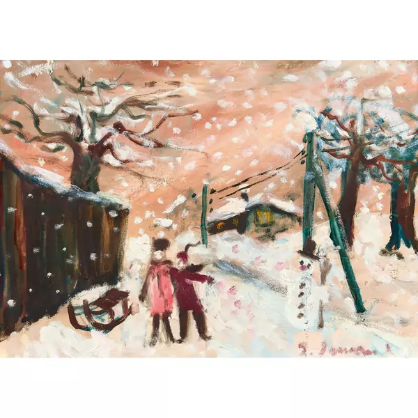 Kinderpaar mit Schlitten und Schneemann
