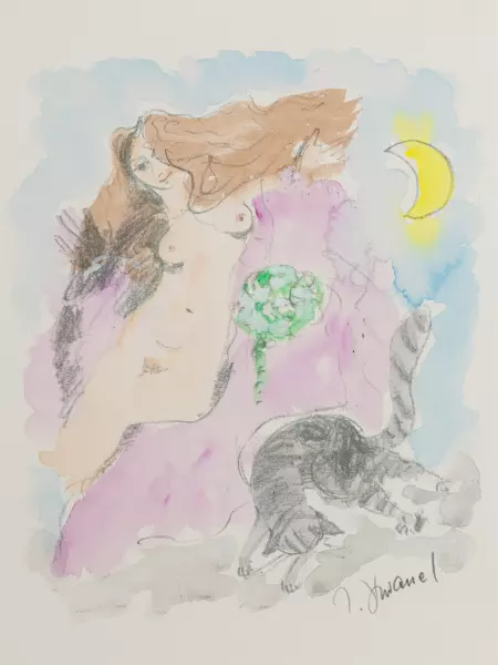 Liegender weiblicher Akt mit Katze