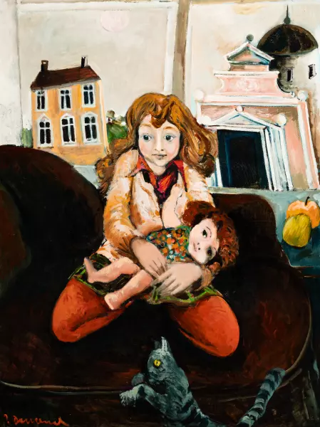 Mädchen mit Puppe und Katze