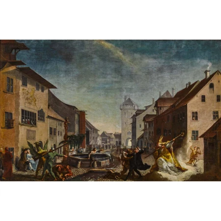 Die Riehentorstrasse mit Greif, Wildmann, Pfarrer Buxdorf, Löwe und Heiligem Theodor