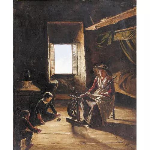 Interieur mit betagter Spinnerin und spielenden Kindern