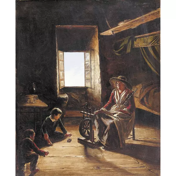 Interieur mit betagter Spinnerin und spielenden Kindern