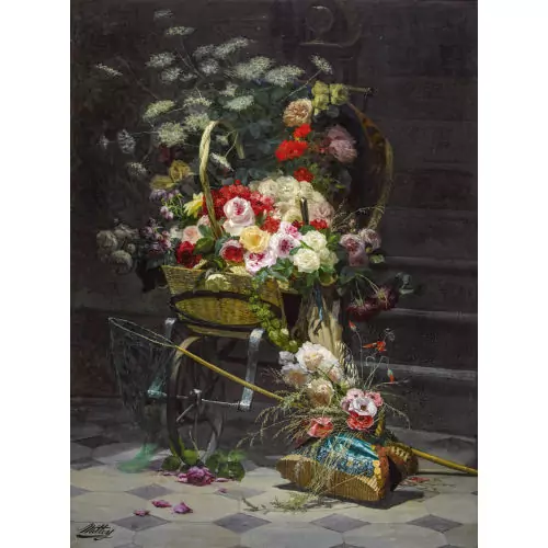 Blumenwagen mit üppigem Rosenbouquet