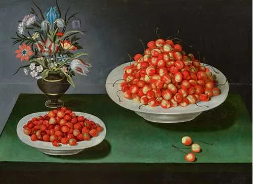 Joseph Plepp — Still life with a bouquet of flowers in a vase, a bowl of cherries and a bowl of strawberries on a table.
