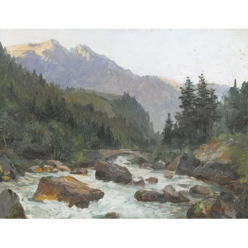 Joseph Reichlen — Sommerlicher Gebirgsbach mit alter Brücke.
